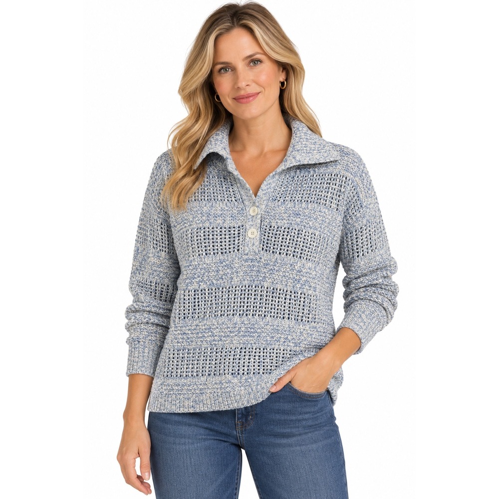 Talbots Womens Blue White Marled Cotton Open Stitch Polo Collar Sweater Large